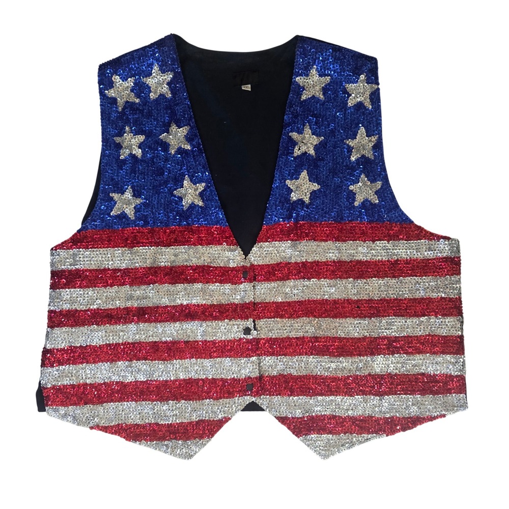 Vintage American Flag Sequin Vest XXL 4th‎ of July Patriotic Stars Stripes USA